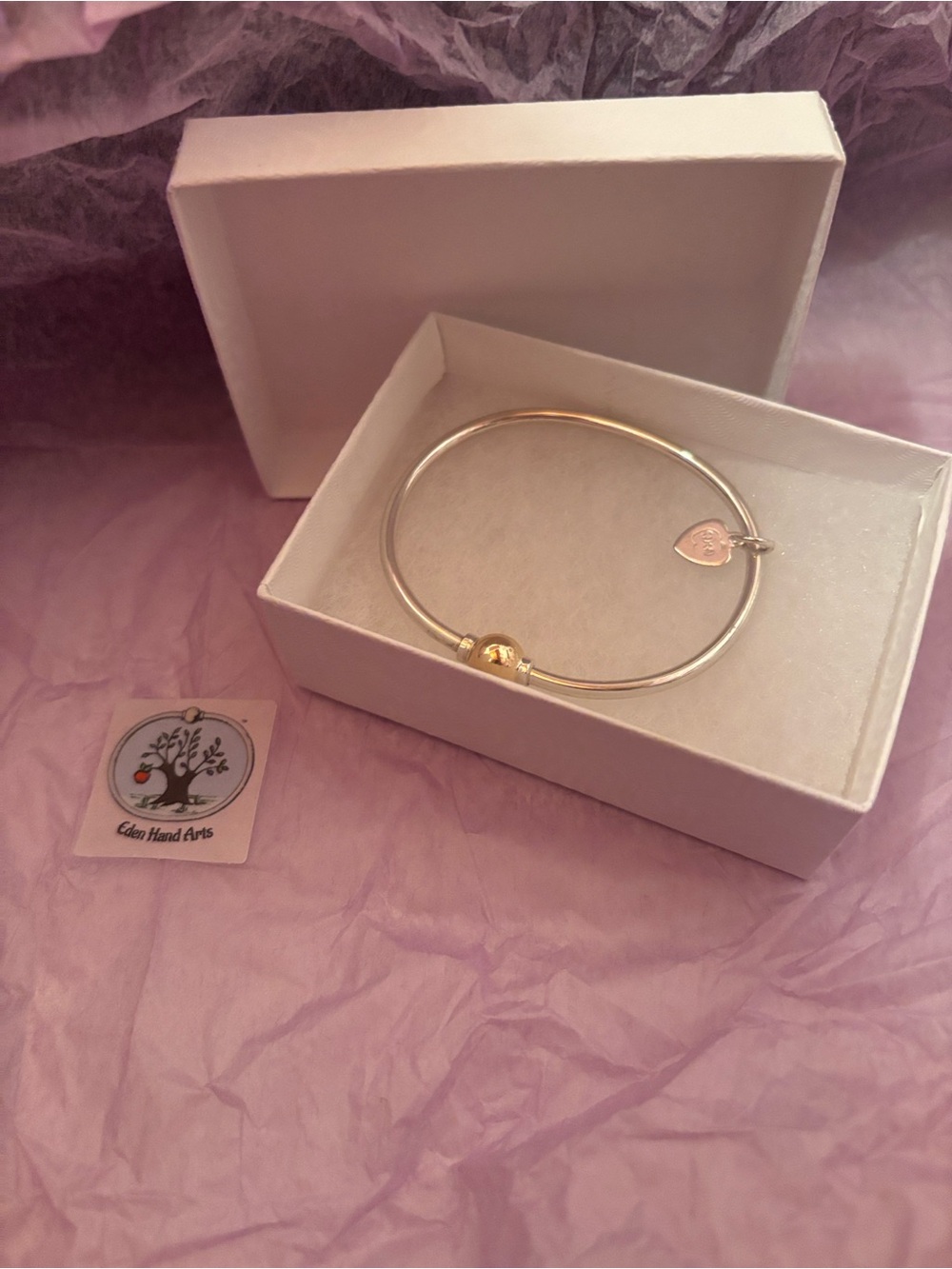 Two-Tone Heart Charm Bangle Bracelet - Silver and Gold